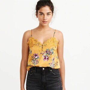 NWT $28 A&F Lace-Trim Satin Cami in YELLOW FLORAL - XS!